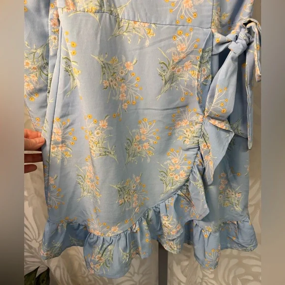 Lily Rose Light Blue Floral Padded Bra Long Sleeve Ruffle Dress - Picture 4 of 7